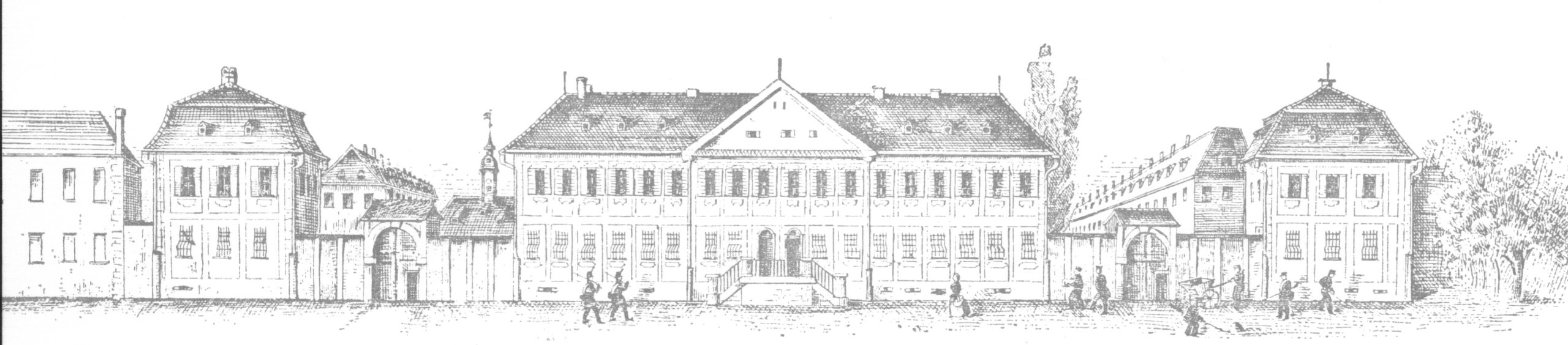 schwarz-weiße Zeichnung der Straßenfront des ehemaligen Zuchthauses in Ludwigsburg im 19. Jahrhundert