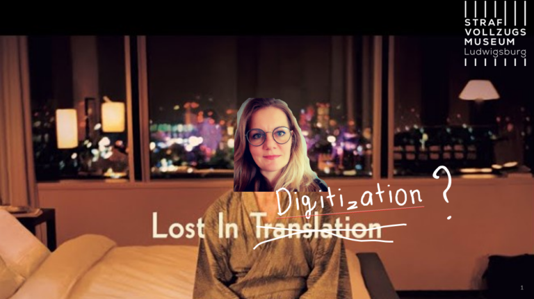 Deckblatt der Präsentation zum Vortrag "Lost in Digitization?" auf der Herbsttagung des Museumsverbands Baden-Württemberg 2023, angelehnt an das Filmplakat Lost in Translation
